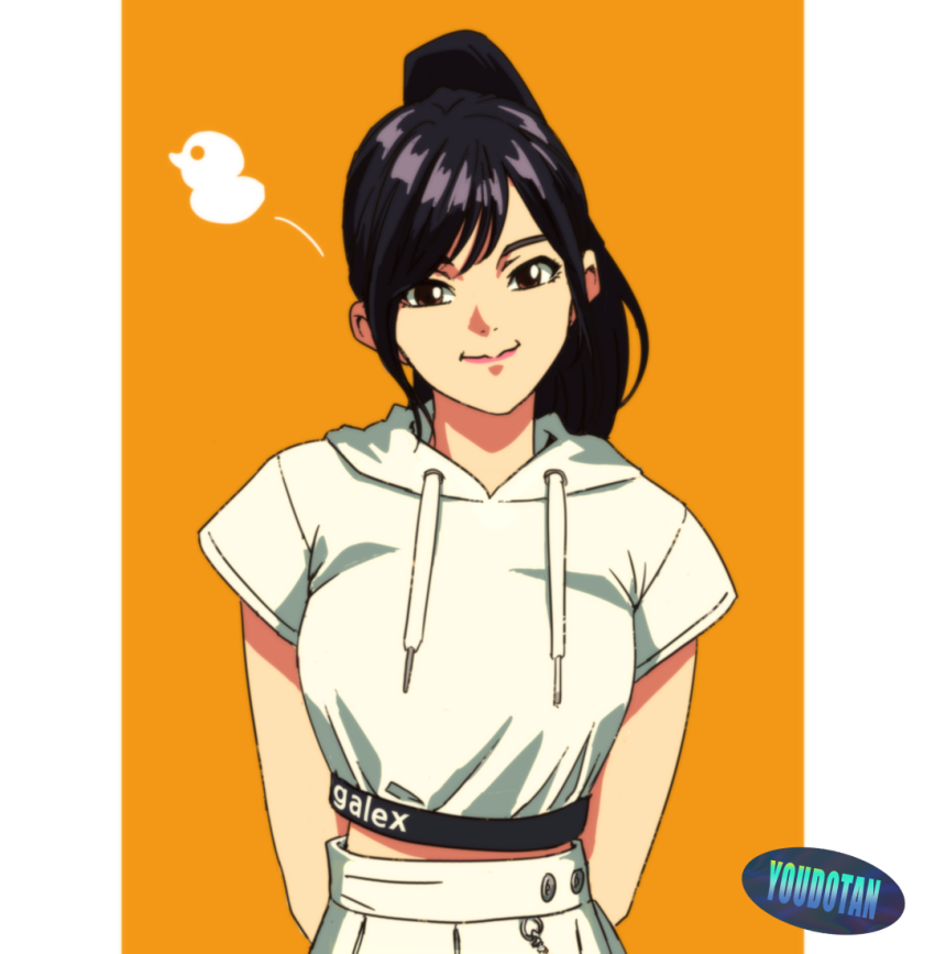 1990s_(style), 1girl, animification, artist_name, brown_eyes, choi_yena, hair_behind_ear, head_tilt, hood, hoodie, izone, k-pop, ponytail, real_life, retro_artstyle, short_sleeves, skirt, smile, solo, white_hoodie, white_skirt, youdotan