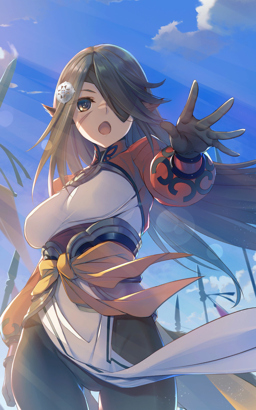 1girl, ainu_clothes, animal_ears, aquaplus, blue_sky, bodysuit, breasts, brown_eyes, brown_hair, cloud, cloudy_sky, collared_shirt, cowboy_shot, eyepatch, eyes_visible_through_hair, from_below, gloves, gradient_eyes, graident_hair, hair_ornament, hair_over_one_eye, highres, juuni_(utawarerumono:_lost_flag), kawata_hisashi, large_breasts, long_hair, long_sleeves, multicolored_eyes, official_art, open_mouth, orange_sash, outdoors, pantyhose, polearm, sash, scar, scar_on_face, scar_on_nose, shirt, sidelocks, sky, solo, spear, standing, thighs, utawarerumono, utawarerumono:_lost_flag, very_long_hair, weapon