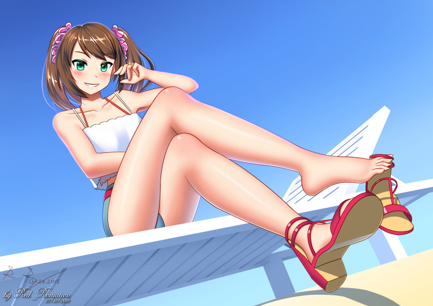 1boy, absurdres, adjusting_hair, aqua_eyes, arm_rest, armpits, artist_name, bare_shoulders, barefoot, beach, beach_chair, belt, between_toes, blush, brown_hair, collarbone, crossed_legs, day, eyelashes, feet, fingernails, from_below, full_body, hadaparuka, hair_ornament, hand_up, happy, heart, heart_hair_ornament, high_heel_sandals, high_heels, highres, huge_filesize, idolmaster, idolmaster_side-m, legs, long_fingernails, long_hair, long_image, long_toenails, looking_at_viewer, male_focus, midriff, midriff_peek, mizushima_saki, namco, neck, outdoors, red_belt, red_footwear, sandals, seductive_smile, shiny_clothes, shiny_skin, shirt, shoe_dangle, short_shorts, shorts, side_bangs, sidelocks, sitting, sky, sleeveless, sleeveless_shirt, smile, soles, spaghetti_strap, summer, tank_top, thighs, toe_grab, toenails, toes, trap, twintails, unworn_footwear, white_tank_top