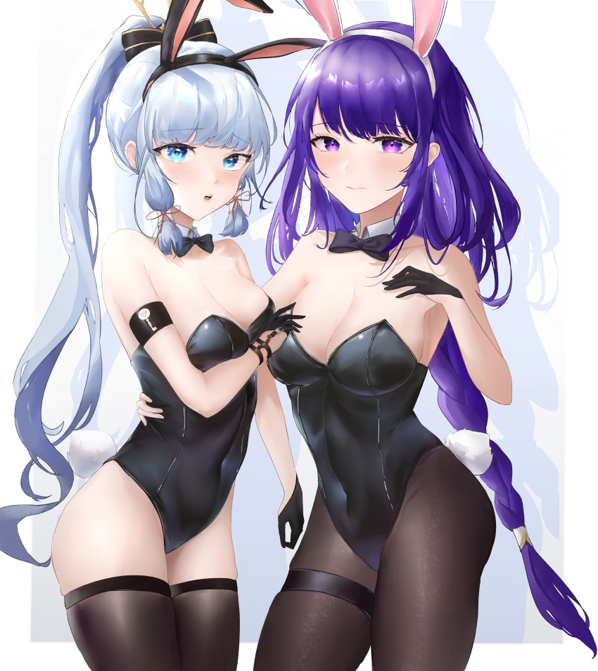 2girls, absurdres, animal_ears, asymmetrical_gloves, ayaka_(genshin_impact), black_bow, black_bowtie, black_gloves