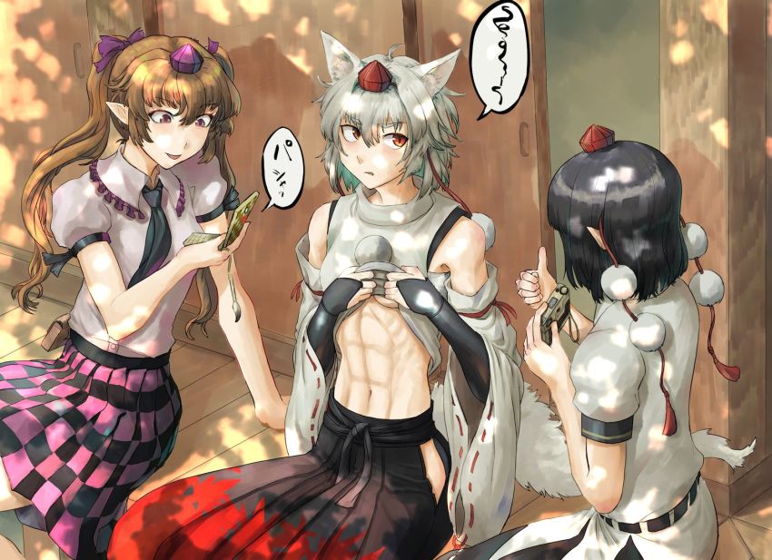 3girls, abs, animal_ears, annoyed, arm_support, bare_arms, bare_shoulders, black_hair