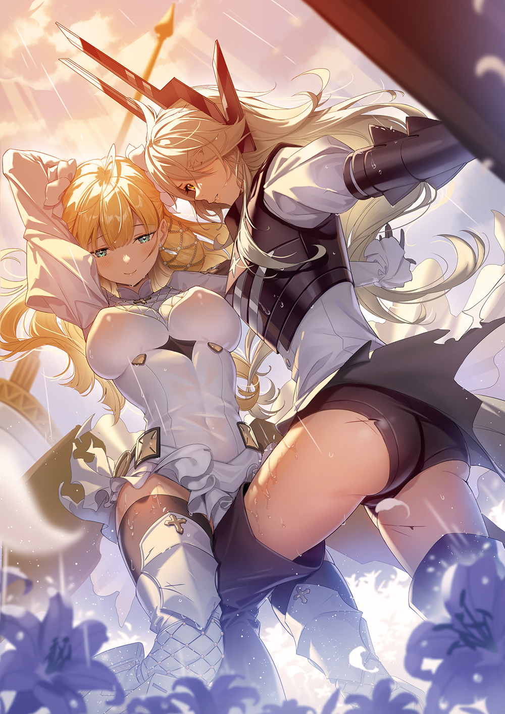 2girls, arm_guards, armor, artery_gear, artery_gear:_fusion, ass, black_footwear, black_gloves