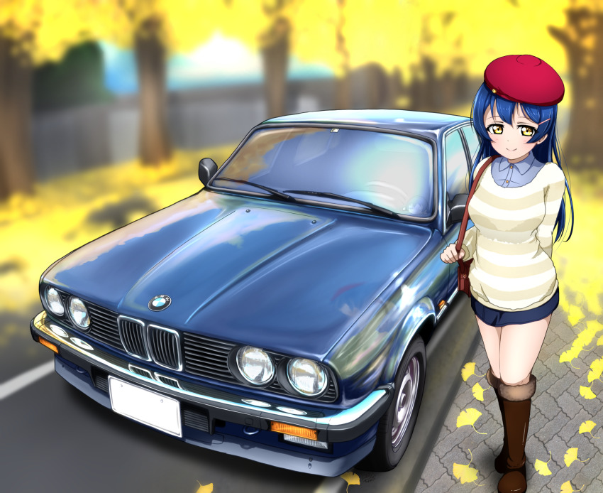 1girl, autumn, beret, blue_hair, blush, bmw, bmw_320i, bmw_3_series