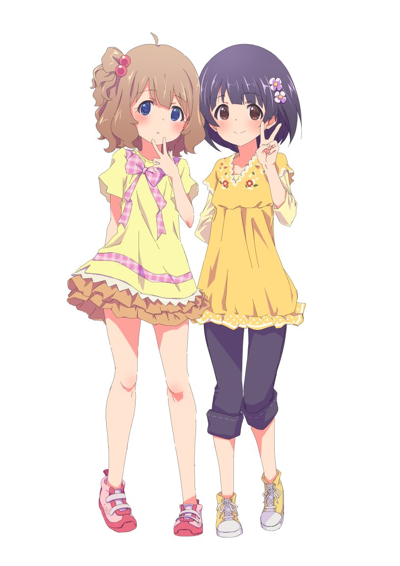 2girls, ahoge, bare_legs, black_hair, blue_eyes, blue_pants, blush, bow