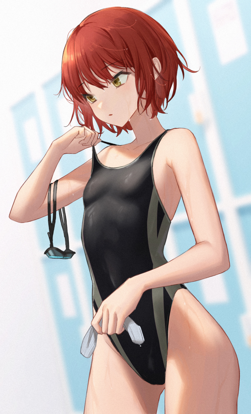 1girl, absurdres, adjusting_clothes, adjusting_swimsuit, bare_shoulders, blurry, breasts, collarbone, commentary_request, competition_swimsuit, cowboy_shot, depth_of_field, goggles_around_arm, hair_between_eyes, highleg, highres, jfjf, one-piece_swimsuit, open_mouth, original, red_hair, short_hair, small_breasts, solo, standing, swimsuit, wet, yellow_eyes