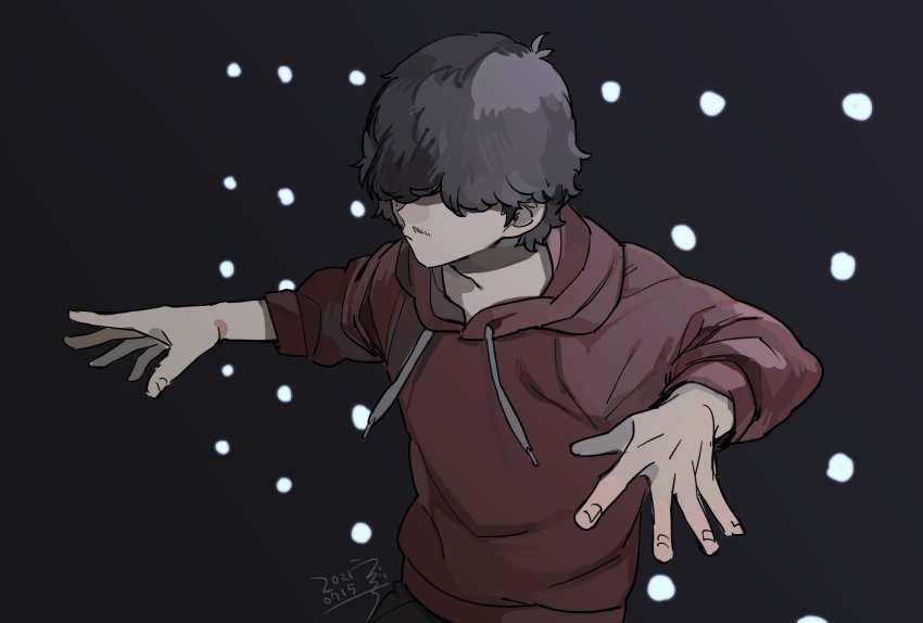 1boy, black_background, black_hair, da_shuang_(the_legend_of_luoxiaohei), dated, drawstring, drruraguchi, facial_hair