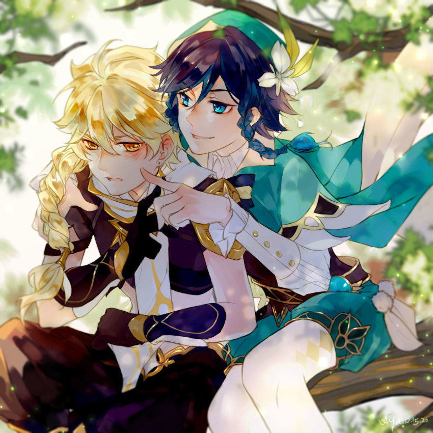 2boys, aether_(genshin_impact), androgynous, blonde_hair, blue_hair, commentary, genshin_impact, hair_between_eyes