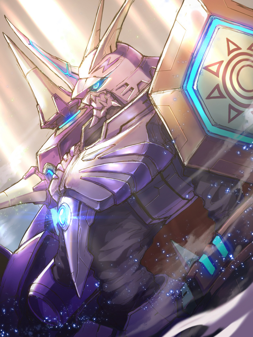 1other, armor, blue_eyes, cape, closed_mouth, digimon, digimon_(creature), from_side, glowing, glowing_eye, highres, knight, looking_ahead, no_humans, omegamon, solo, sparkle, sun_symbol, sunlight, tosaka_rai, upper_body