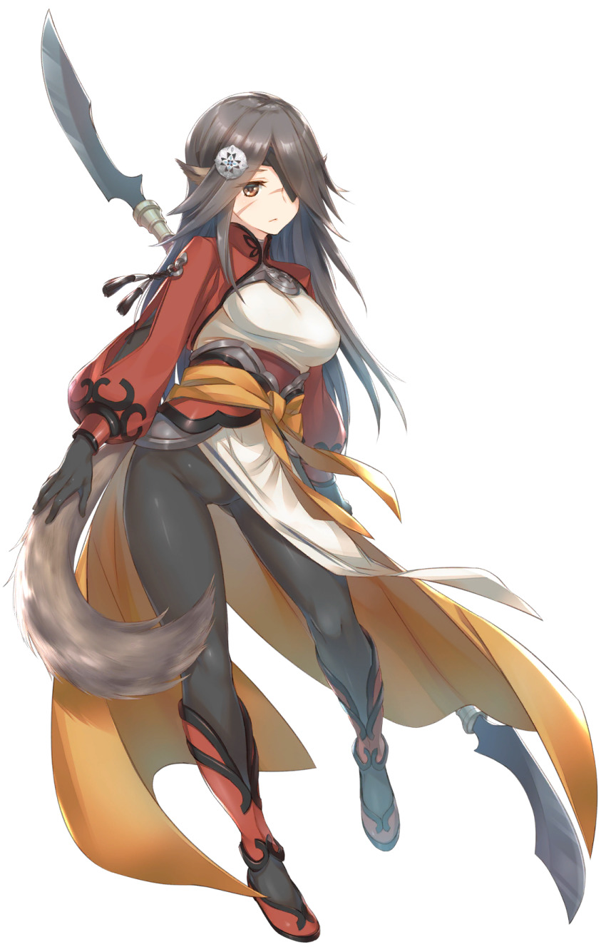 1girl, ainu_clothes, animal_ears, aquaplus, black_gloves, black_hair, bodysuit, breasts, brown_eyes, closed_mouth, collared_dress, covered_erect_nipples, dress, eyepatch, eyes_visible_through_hair, full_body, gloves, gradient_eyes, hair_over_one_eye, highres, holding, holding_polearm, holding_spear, holding_weapon, juuni_(utawarerumono:_lost_flag), kawata_hisashi, large_breasts, long_hair, long_sleeves, messy_hair, multicolored_eyes, official_art, pants, polearm, scar, scar_on_face, scar_on_nose, sidelocks, skin_tight, solo, spear, standing, standing_on_one_leg, tail, taut_clothes, thick_thighs, thighs, tight_clothes, tight_pants, transparent_background, utawarerumono, utawarerumono:_lost_flag, very_long_hair, weapon, wolf_ears, wolf_tail