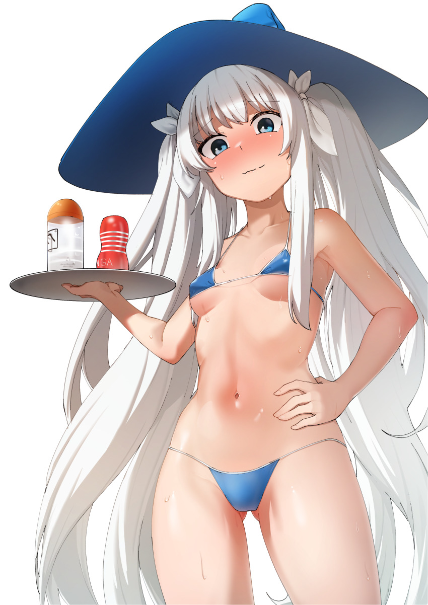 1girl, absurdres, bikini, blue_bikini, blue_eyes, blush, body_blush, breasts