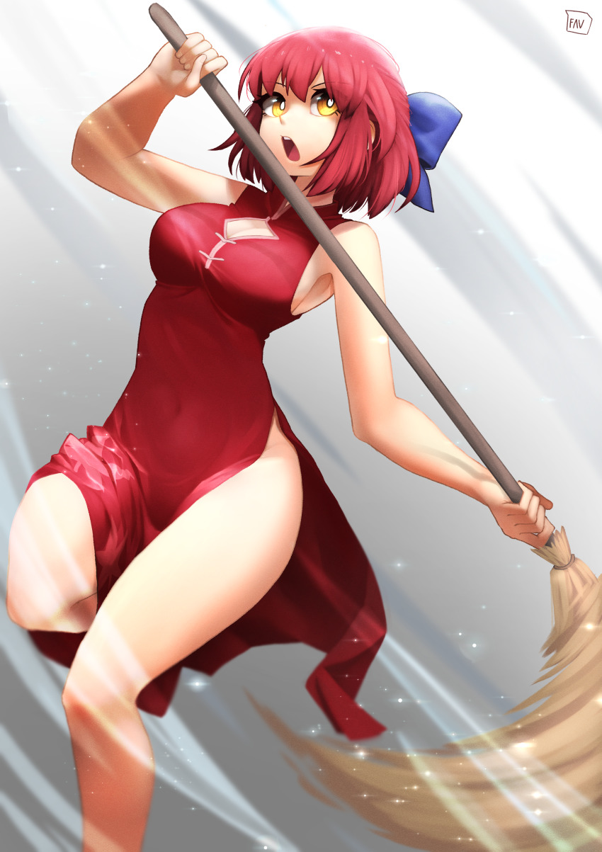 1girl, absurdres, artist_name, bare_shoulders, blue_bow, bow, breasts, broom