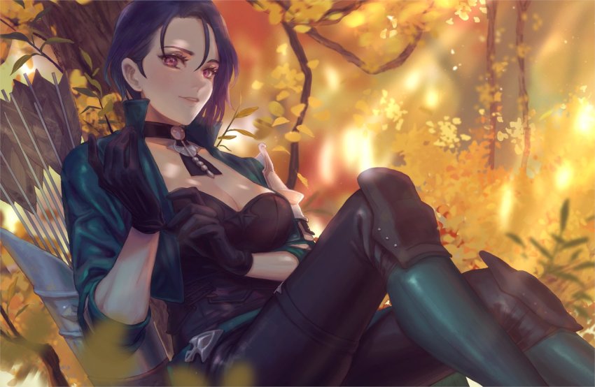 1girl, adjusting_clothes, adjusting_gloves, armor, arrow_(projectile), belt, black_choker, black_gloves