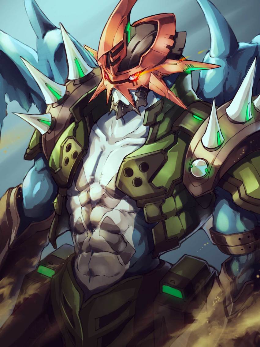 1boy, abs, armband, armor, collarbone, cowboy_shot, digimon, digimon_(creature)