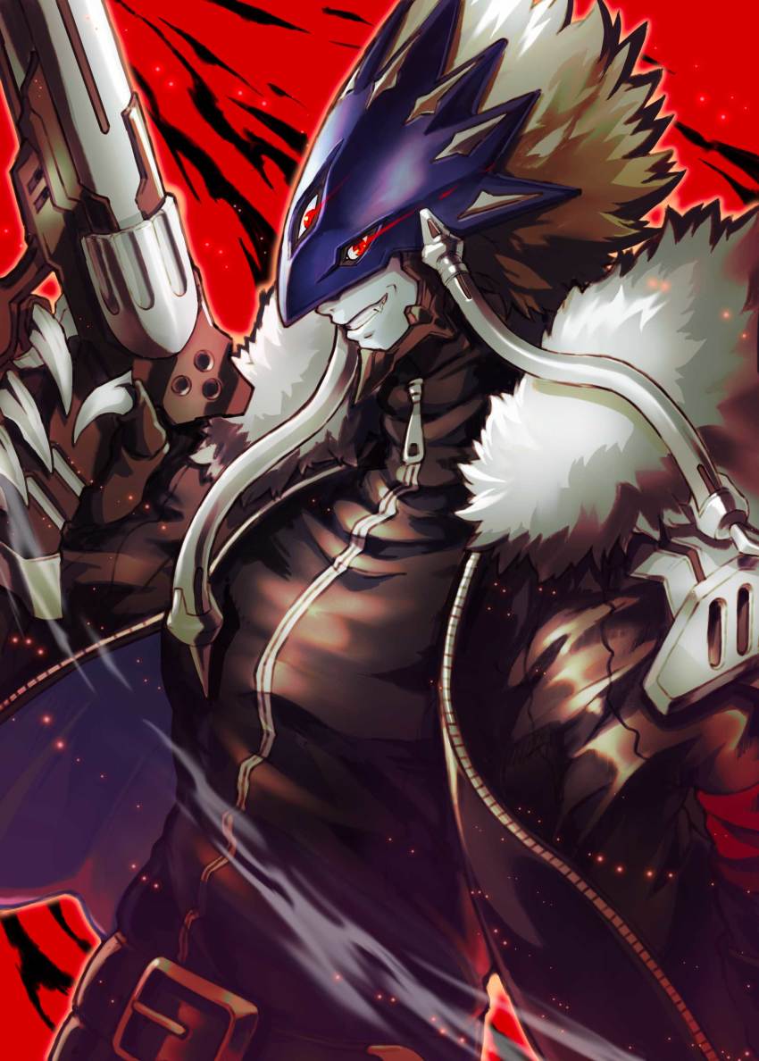 absurdres, beelzebumon, belt, black_jacket, claws, clenched_teeth, demon, digimon, digimon_(creature), eye_trail, fang, fur_trim, gun, handgun, highres, holding, holding_gun, holding_weapon, jacket, light_trail, male_focus, mask, open_clothes, open_jacket, open_mouth, platinum_blonde_hair, red_background, red_eyes, revolver, seven_great_demon_lords, solo, sparkle, teeth, third_eye, tosaka_rai, two-tone_background, upper_body, weapon, zipper
