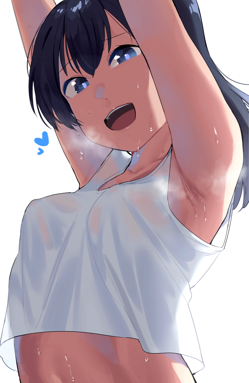 1girl, armpit_focus, armpits, arms_up, black_hair, blue_eyes, breasts, commentary, dark-skinned_female, dark_skin, english_commentary, heart, highres, long_hair, looking_at_viewer, okpriko, open_mouth, original, shirt, simple_background, small_breasts, solo, sweat, teeth, thai_girl_(okpriko), upper_body, upper_teeth_only, white_background, white_shirt