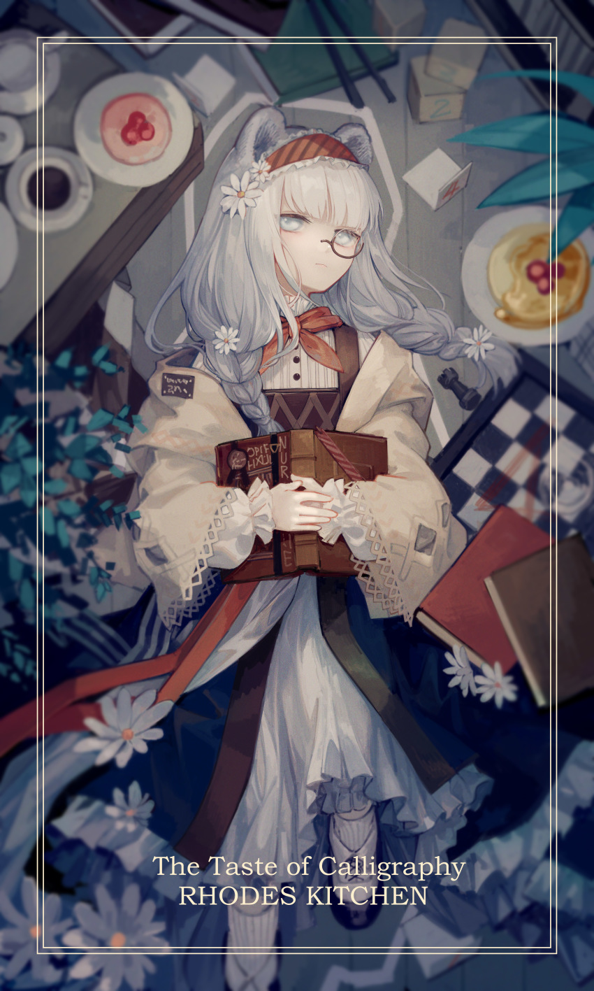 1girl, absurdres, animal_ears, arknights, bear_ears, blunt_bangs, book, border