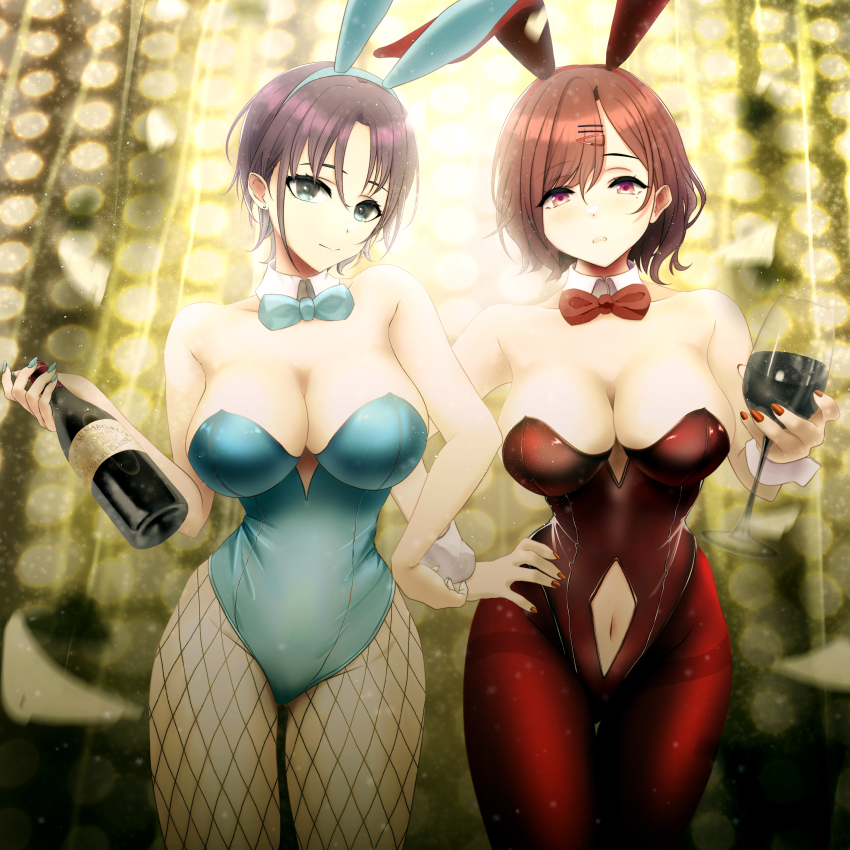 2girls, absurdres, alcohol, alternate_costume, animal_ears, asakura_toru, bare_shoulders, blue_eyes