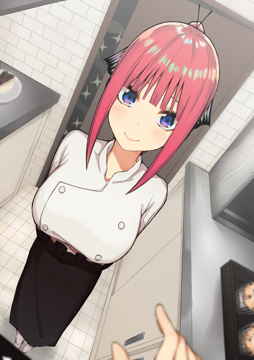 1boy, 1girl, absurdres, apron, arms_behind_back, bad_id, bad_pixiv_id, black_apron