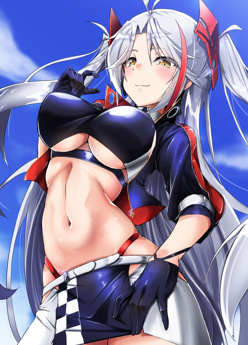 1girl, absurdres, antenna_hair, azur_lane, belt, black_gloves, blue_sky, blush, breasts, checkered_flag, closed_mouth, clothing_cutout, cloud, commentary_request, covered_erect_nipples, cowboy_shot, crop_top, cropped_jacket, cropped_shirt, cross, day, earpiece, flag, glint, gloves, hair_between_eyes, half_gloves, hand_on_own_hip, hand_up, headgear, highres, iron_cross, jacket, large_breasts, long_hair, looking_at_viewer, multicolored_hair, navel, official_alternate_costume, open_clothes, open_jacket, orange_eyes, panties, panty_straps, parted_bangs, partial_commentary, prinz_eugen_(azur_lane), prinz_eugen_(final_lap)_(azur_lane), purple_jacket, purple_shirt, purple_skirt, race_queen, red_hair, red_panties, shirt, short_sleeves, sidelocks, silver_hair, skirt, sky, smile, solo, standing, stomach, streaked_hair, swept_bangs, tenteru, two-tone_skirt, two_side_up, underboob, underboob_cutout, underwear, very_long_hair, white_belt, white_skirt