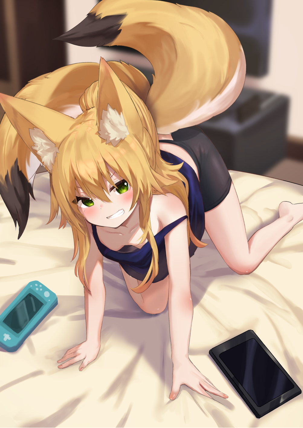 1girl, all_fours, animal_ear_fluff, animal_ears, bare_arms, bare_shoulders, bed, black_shorts