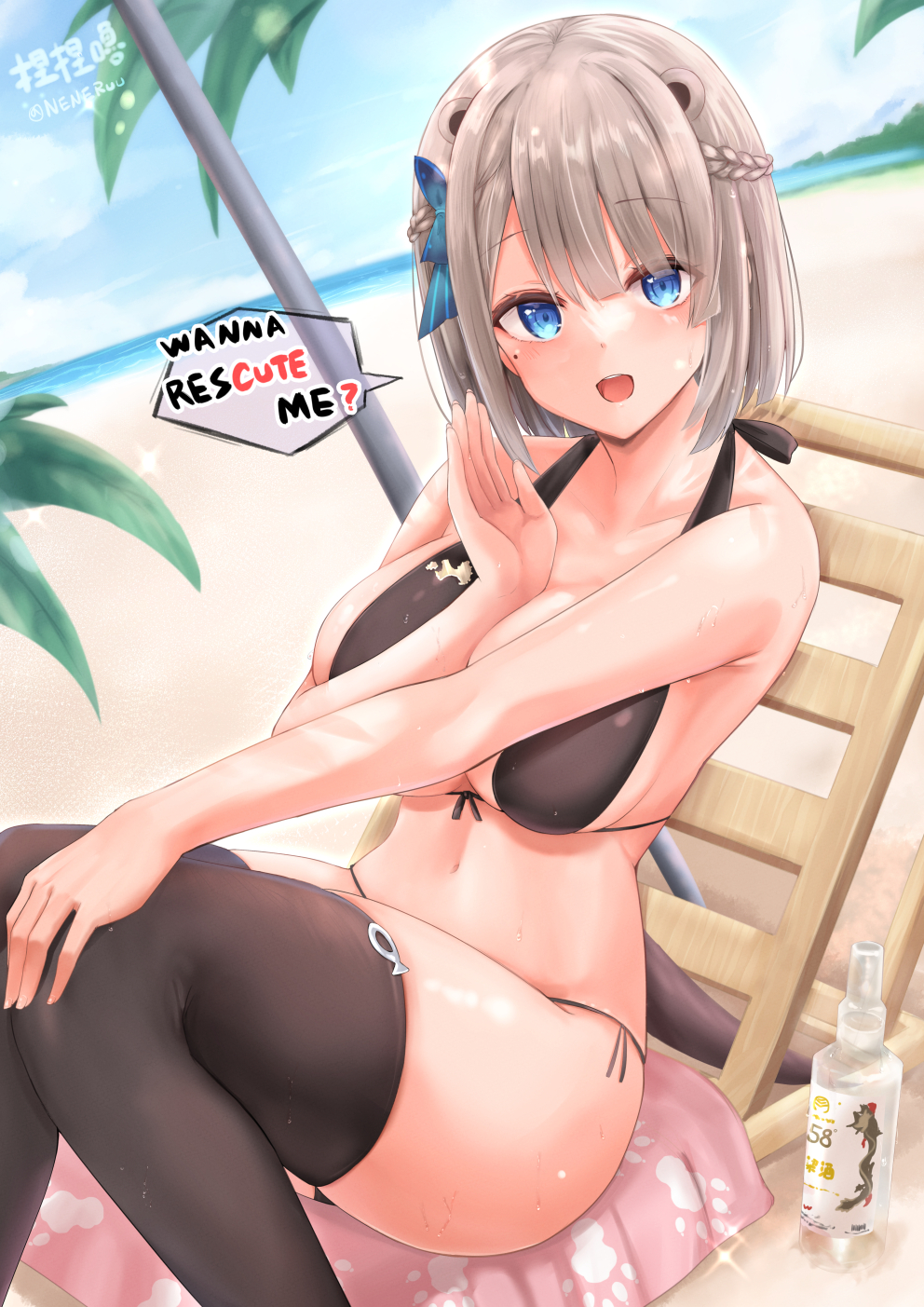 1girl, animal_ears, arm_between_breasts, artist_name, beach, between_breasts, bikini, black_bikini, black_thighhighs, blue_bow, blue_eyes, bow, braid, breasts, brown_hair, commentary_request, day, dutch_angle, english_text, hair_bow, halterneck, hand_on_own_knee, hand_up, highres, indie_virtual_youtuber, knees_up, large_breasts, looking_at_viewer, lutra_lutra, neneru, outdoors, sand, short_hair, side-tie_bikini_bottom, sitting, solo, speech_bubble, swimsuit, tail, thighhighs, virtual_youtuber, water