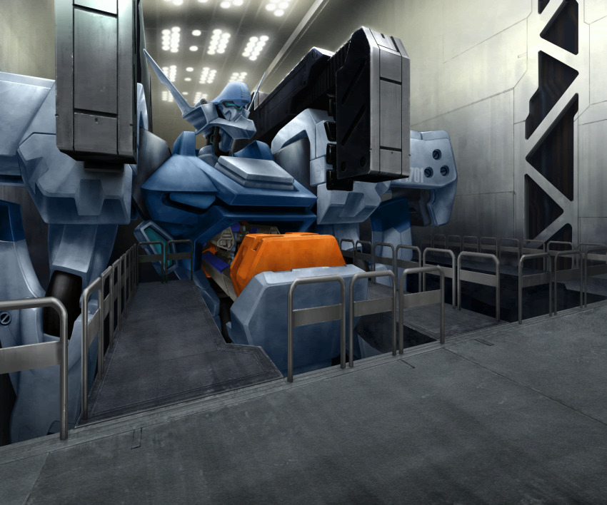 artist_request, cockpit, game_cg, hangar, highres, lights, looking_ahead, mecha