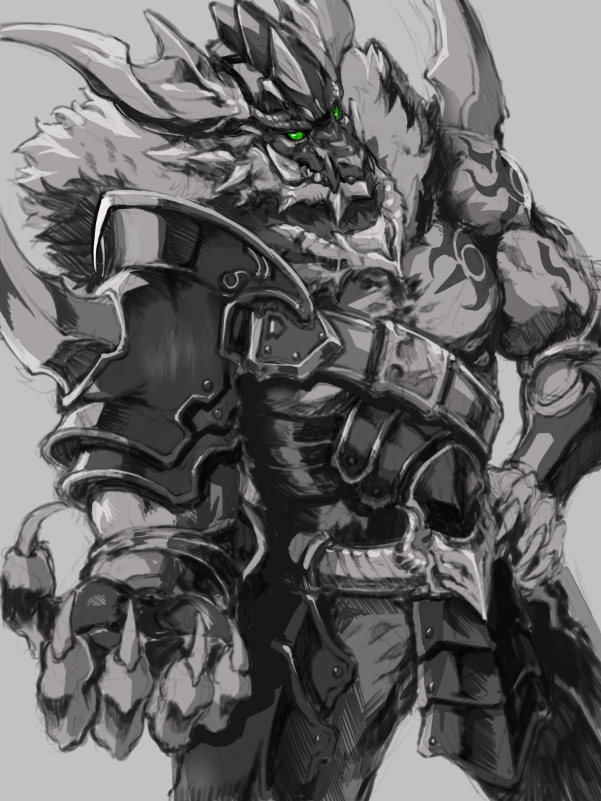 1boy, armor, bara, belt, claws, closed_mouth, commentary, cowboy_shot