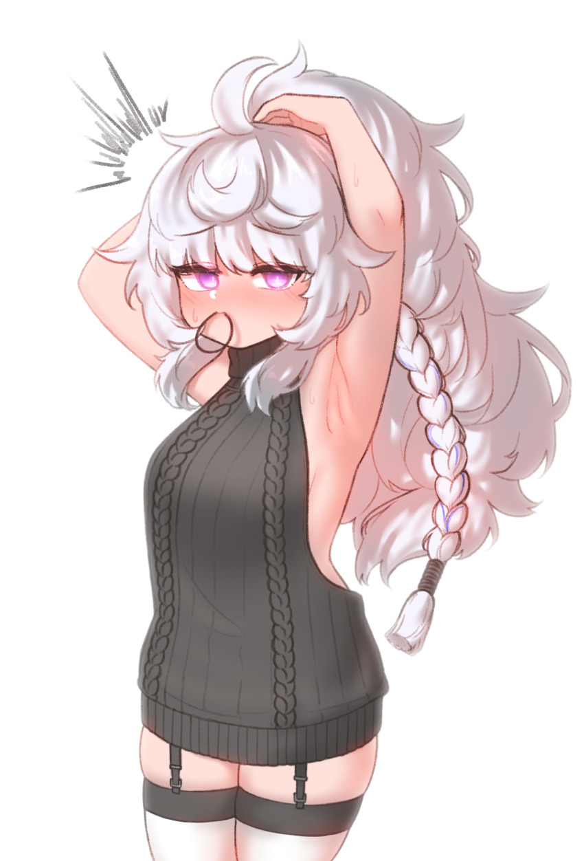 1girl, ^^^, ahoge, armpits, arms_up, backless_outfit, black_sweater, blush