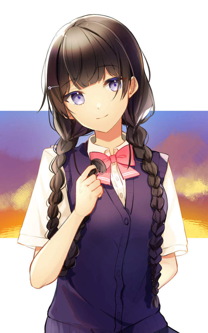 1girl, arm_behind_back, black_hair, blue_eyes, blue_sweater, blunt_bangs, bow, bowtie