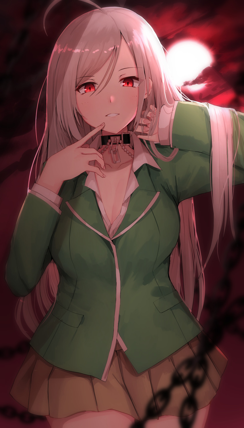 1girl, absurdres, ahoge, akashiya_moka, blazer, blurry, blurry_foreground, breasts, brown_skirt, chain, cleavage, collar, collarbone, collared_shirt, cowboy_shot, dress_shirt, green_jacket, hair_between_eyes, highres, holding, holding_own_hair, inner_moka, jacket, large_breasts, long_hair, long_sleeves, looking_at_viewer, miniskirt, nodoameyatou, parted_lips, partially_unbuttoned, pleated_skirt, red_eyes, rosario+vampire, school_uniform, shirt, silver_hair, skirt, solo, standing, straight_hair, swept_bangs, very_long_hair, white_shirt, wing_collar
