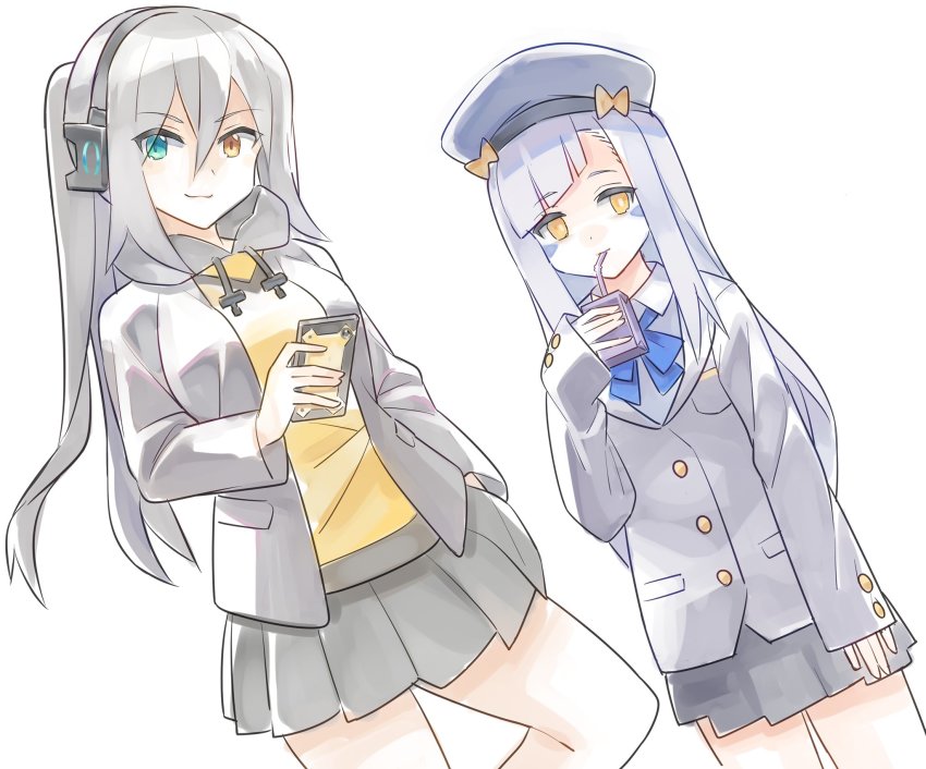 2girls, :3, alternate_costume, baretta_(world_flipper), beret, black_hoodie, black_jacket, black_skirt