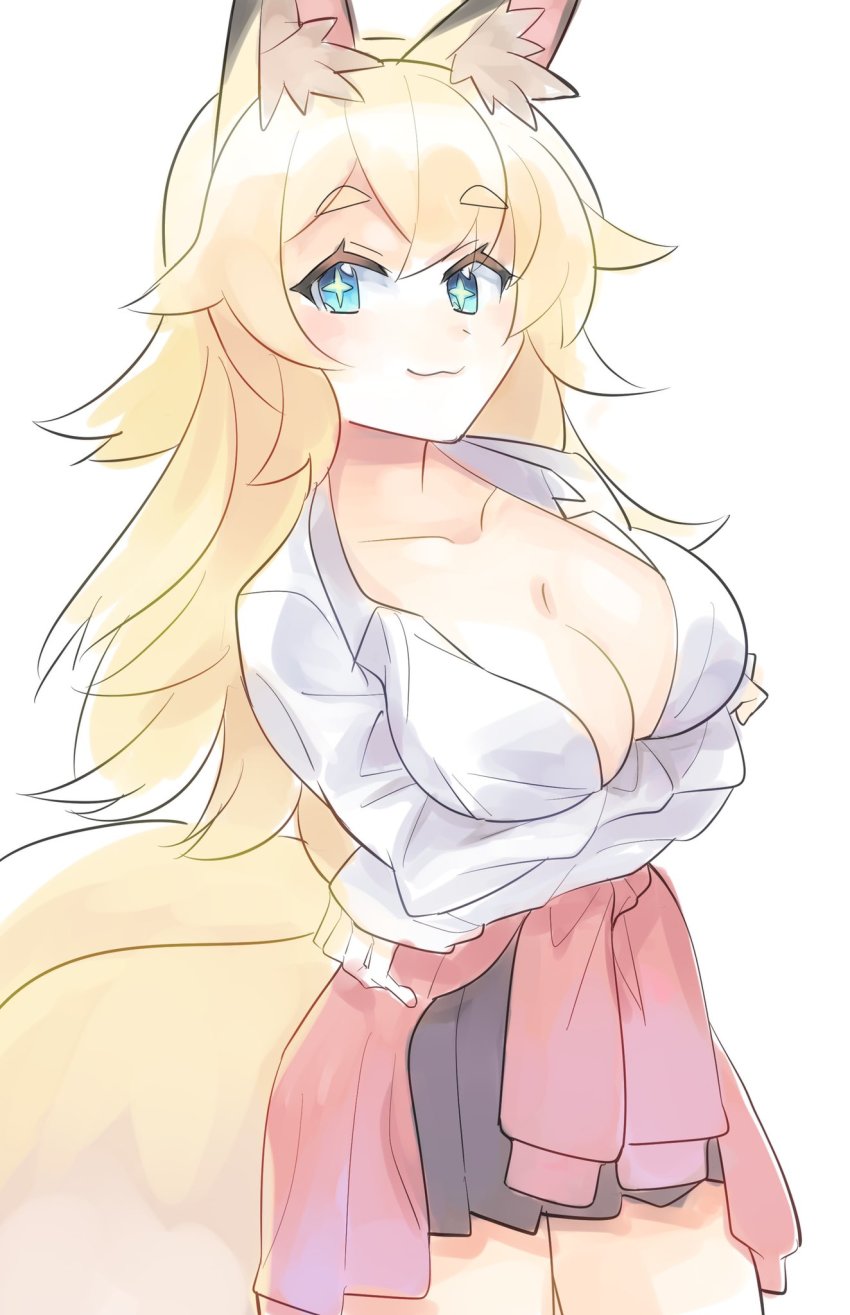 +_+, 1girl, :3, alternate_costume, animal_ear_fluff, animal_ears, black_skirt, blonde_hair, blue_eyes, blush, breasts, cleavage, closed_mouth, clothes_around_waist, collarbone, cowboy_shot, crossed_arms, female_focus, fox_ears, fox_girl, fox_tail, green_pupils, happy, highres, inaho_(world_flipper), jpeg_artifacts, komuro_takahiro, large_breasts, light_blush, long_hair, long_sleeves, looking_at_viewer, miniskirt, multiple_tails, no_bra, pleated_skirt, red_sweater, school_uniform, shirt, sidelocks, simple_background, sketch, skirt, smile, solo, standing, sweater, sweater_around_waist, tail, two_tails, white_background, white_shirt, world_flipper