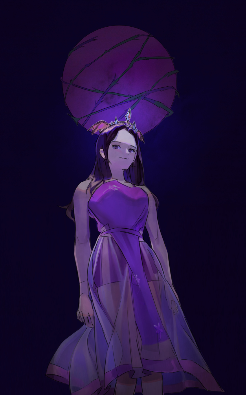 1girl, absurdres, black_hair, choerry, dress, from_below, gozzi, hair_behind_ear, head_wings, highres, k-pop, looking_to_the_side, loona_(group), moon, plant, purple_background, purple_dress, purple_eyes, real_life, sketch, smile, solo, tiara, vines, wings