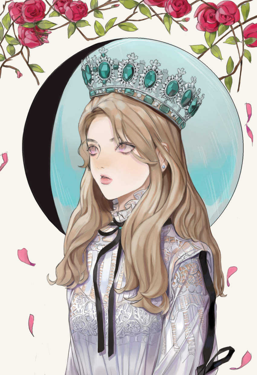 1girl, blonde_hair, blouse, crown, flower, gem, go_won, gozzi