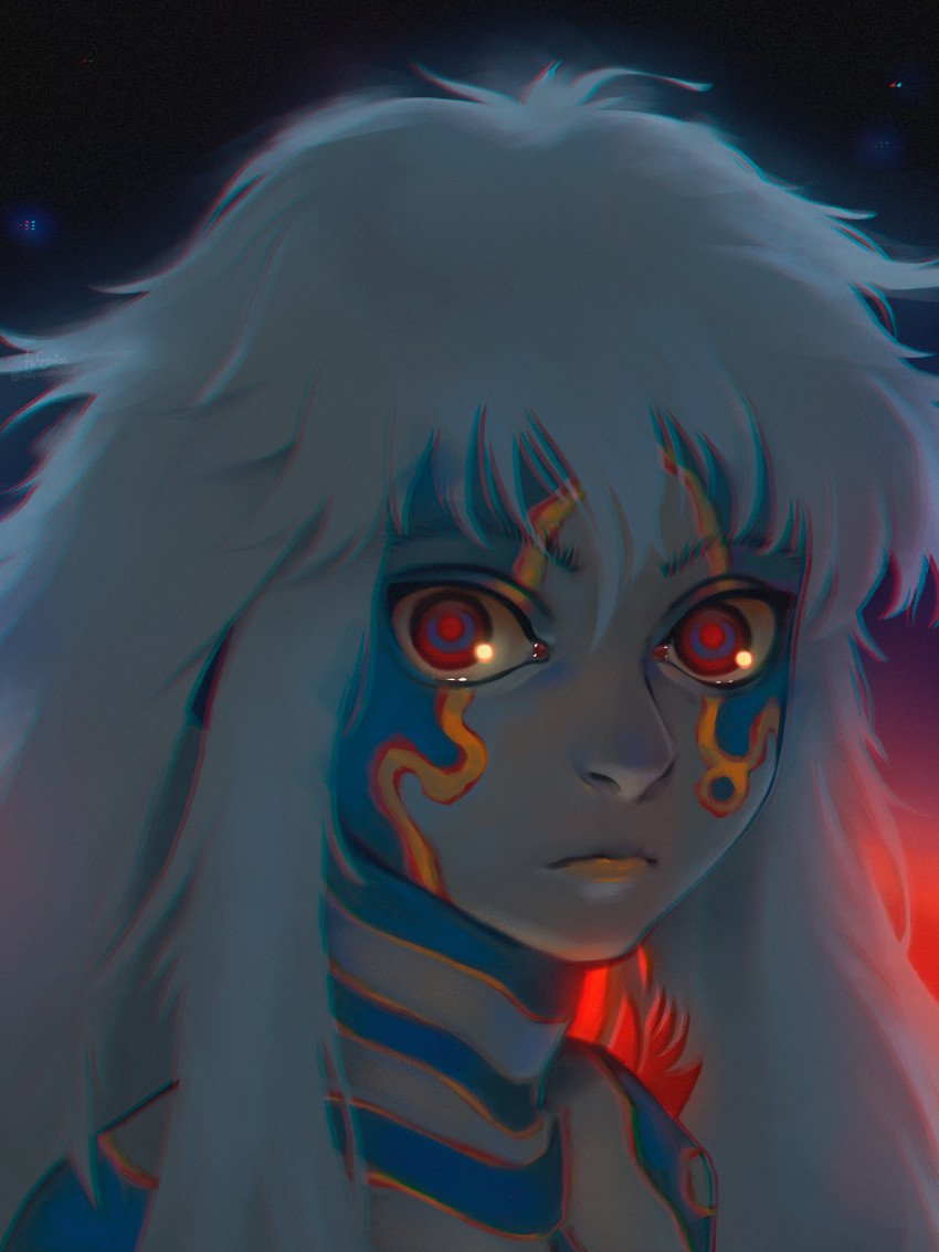 1boy, al_santos, bodypaint, close-up, closed_mouth, facepaint, frown, highres, long_hair, looking_at_viewer, night, nude, orange_lips, portrait, puparia, red_eyes, sidelocks, sky, solo, star_(sky), white_hair