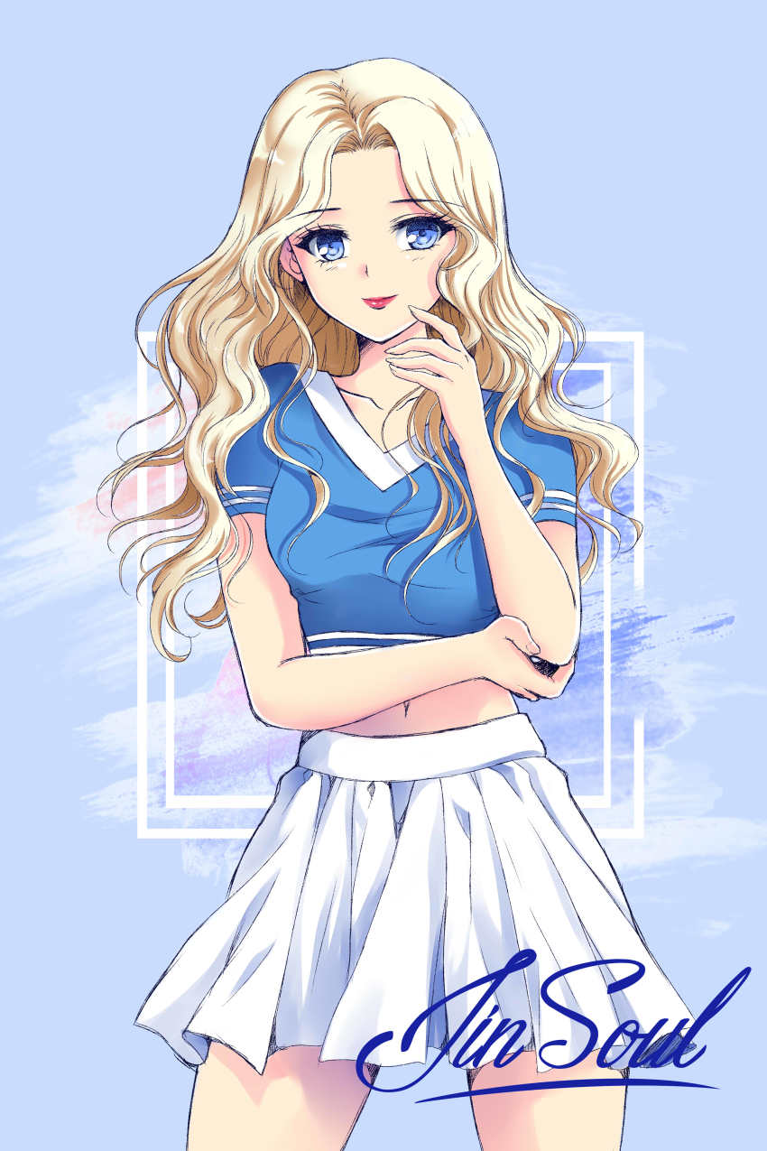 1girl, absurdres, animification, blonde_hair, blue_background, blue_eyes, breasts, character_name, collarbone, cropped_shirt, highres, jinsoul, k-pop, lipstick, loona_(group), makeup, medium_breasts, navel, parted_bangs, real_life, red_lips, ruru_creations, skirt, smile, solo, white_skirt