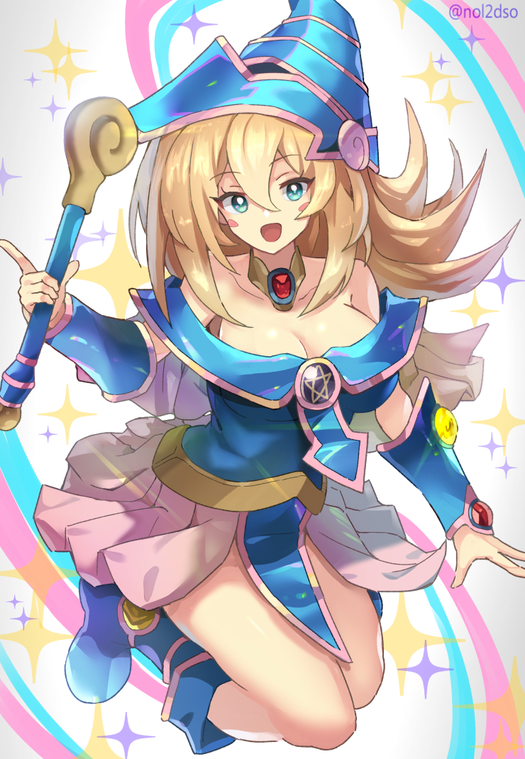 1girl, bare_shoulders, blonde_hair, blue_boots, blush, blush_stickers, boots, breasts, choker, cleavage, collarbone, dark_magician_girl, dso, duel_monster, green_eyes, hair_between_eyes, hat, large_breasts, long_hair, looking_at_viewer, open_mouth, pentacle, smile, solo, staff, twitter_username, wand, wizard_hat, yu-gi-oh!