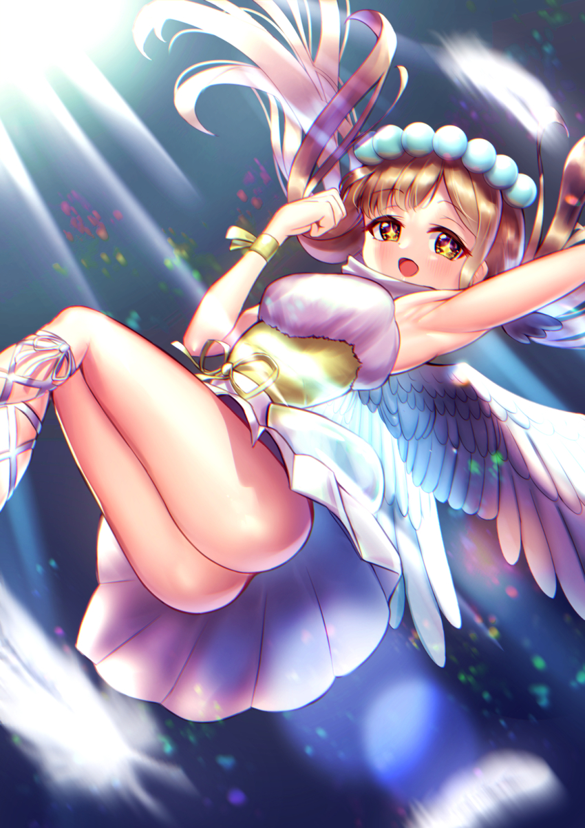 +_+, 1girl, angel, angel_wings, armpits, ass, bare_shoulders, blush, brown_hair, dress, duel_monster, highres, kuromiya_(def_lp), long_hair, looking_at_viewer, madolche_anjelly, no_panties, open_mouth, sidelocks, skirt, smile, solo, sparkling_eyes, wings, yu-gi-oh!
