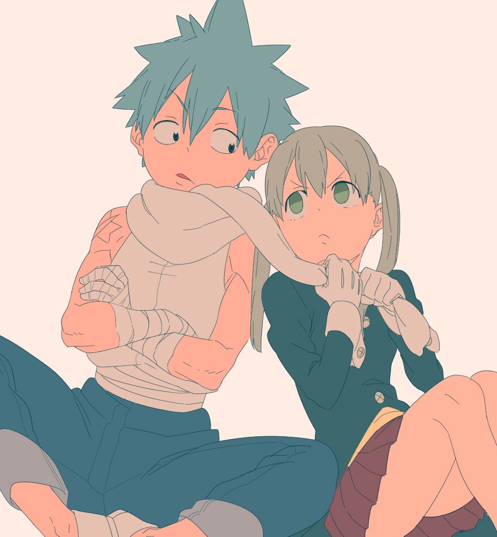 1boy, 1girl, black_star, blue_hair, closed_mouth, gloves, green_eyes, long_hair, maka_albarn, mekkichi, open_mouth, plaid_clothes, plaid_skirt, scarf, school_uniform, simple_background, skirt, sleeveless, soul_eater, twintails, white_gloves