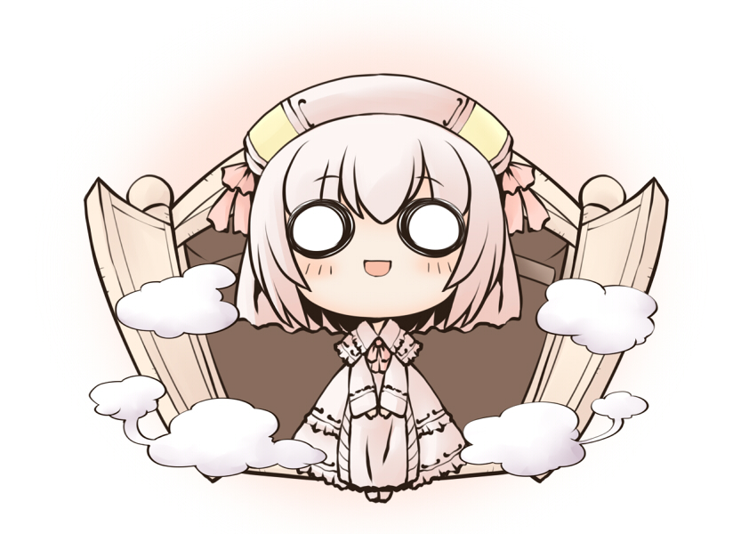 1girl, :d, ascot, ashiarai-yashiki_no_juunintachi, blank_eyes, blush, bow, cape