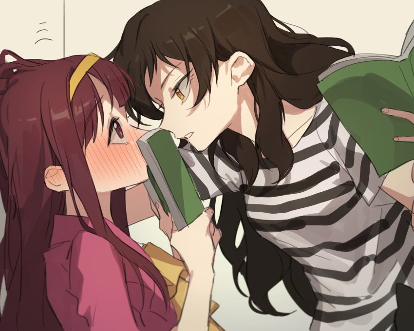 2girls, blush, book, brown_hair, commentary_request, eye_contact, from_side, hairband