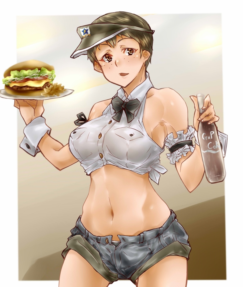 1girl, armband, black_hat, black_shorts, bottle, bow, bowtie, brown_eyes, brown_hair, burger, casual, collared_shirt, commentary_request, cowboy_shot, denim, denim_shorts, emblem, food, freckles, frilled_armband, frills, girls_und_panzer, halterneck, hat, highres, holding, holding_bottle, holding_plate, looking_at_viewer, micro_shorts, midriff, naomi_(girls_und_panzer), navel, open_fly, open_mouth, outside_border, plate, saunders_(emblem), shirt, short_hair, shorts, smile, soda_bottle, solo, standing, suzuki_no_m, tied_shirt, very_short_hair, visor_cap, white_shirt, wing_collar, wrist_cuffs