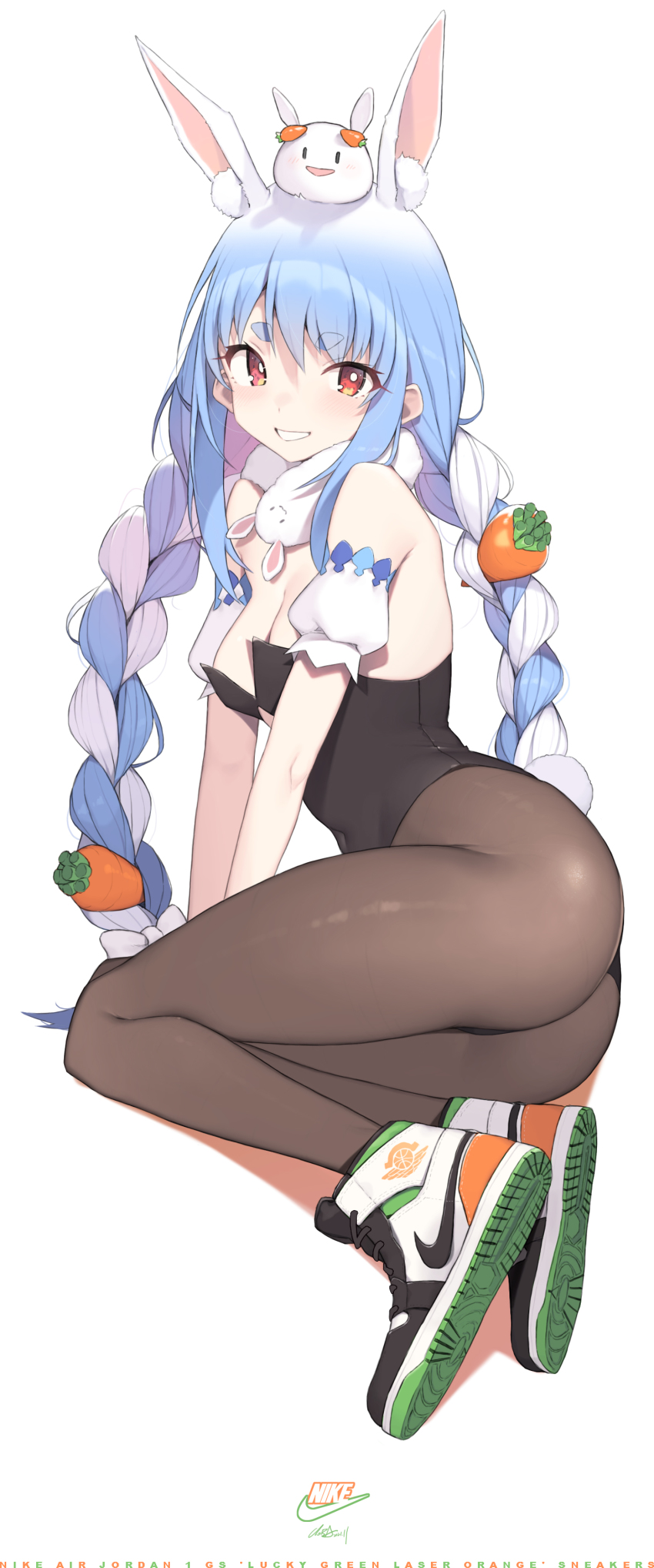 1girl, absurdres, air_jordan_1, animal_ear_fluff, animal_ears, arm_support, ass, bare_shoulders