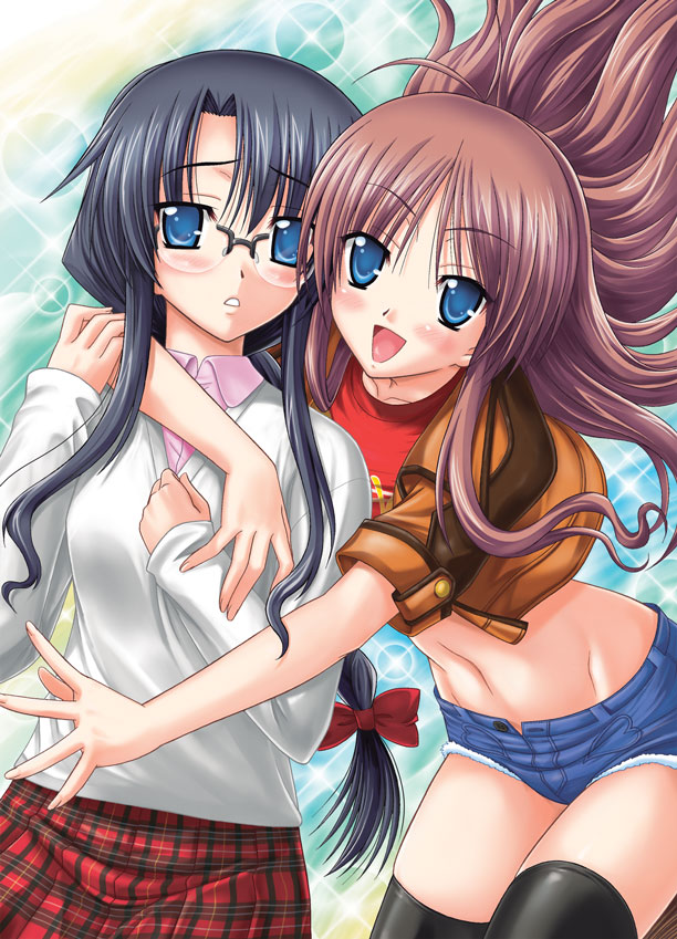 2girls, blue_eyes, blush, character_request, cloud, day, denim, denim_shorts