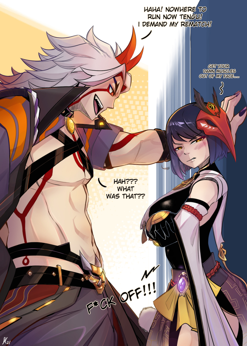 1girl, :d, arataki_itto, arm_guards, belt, bird_mask, black_bodysuit, black_hair