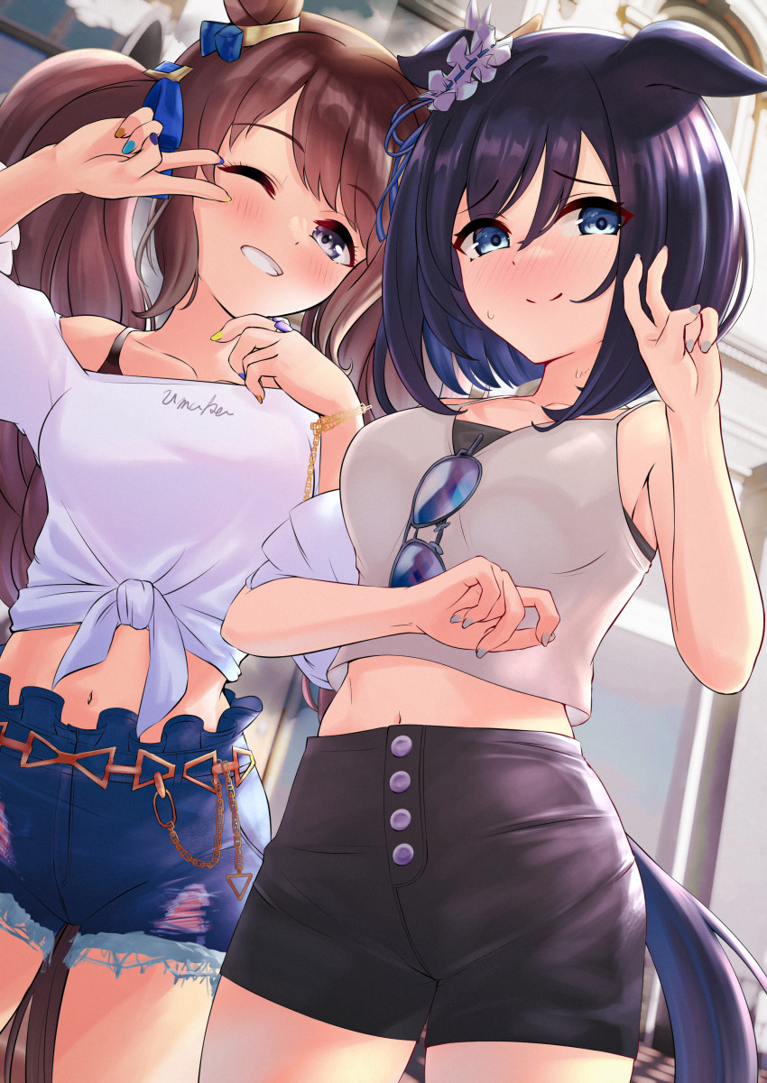 2girls, absurdres, alternate_costume, animal_ears, black_shorts, blouse, blue_eyes, blush, brown_hair, casual, collarbone, commentary_request, cowboy_shot, crop_top, denim, denim_shorts, dot_nose, ears_down, eishin_flash_(umamusume), embarrassed, eyewear_hang, grey_shirt, herohero_(higashi_no_dou), highres, horse_ears, horse_girl, horse_tail, locked_arms, long_hair, looking_at_viewer, medium_hair, midriff, multicolored_nails, multiple_girls, nail_polish, navel, nose_blush, one_eye_closed, open_mouth, raised_eyebrows, shirt, short_shorts, shorts, sleeveless, sleeveless_shirt, smile, split_mouth, sunglasses, sweat, tail, teeth, tied_shirt, torn_clothes, torn_shorts, tosen_jordan_(casual)_(umamusume), tosen_jordan_(umamusume), twintails, umamusume, unworn_eyewear, v, v_over_eye, white_shirt
