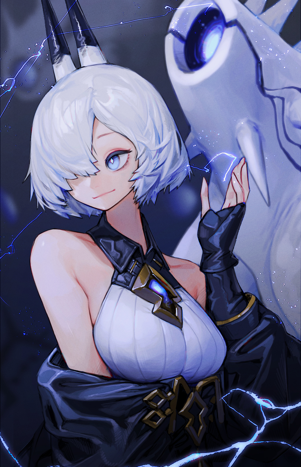 1girl, alchemy_stars, bare_shoulders, bethel_(alchemy_stars), black_gloves, blue_eyes, blue_theme, breasts