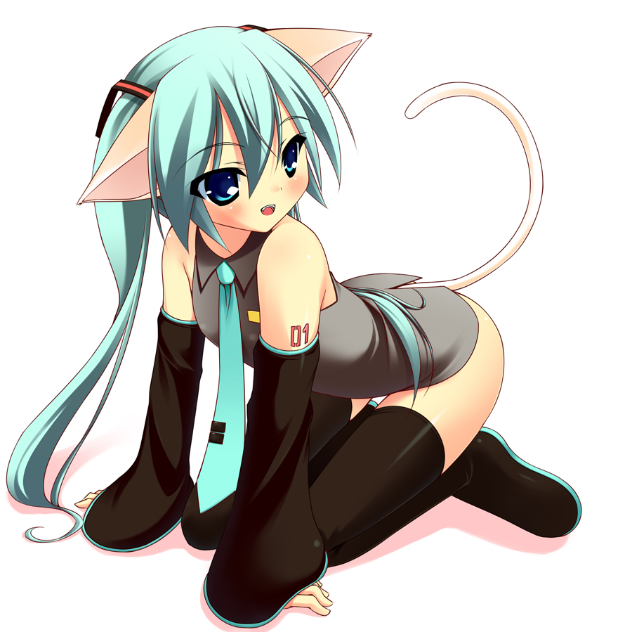 1girl, all_fours, amakara_surume, animal_ears, aqua_eyes, aqua_hair, bad_id, bad_pixiv_id, bottomless, cat_ears, cat_girl, cat_tail, detached_sleeves, female_focus, full_body, hatsune_miku, kemonomimi_mode, long_hair, necktie, simple_background, smile, solo, surume_(pixiv3908), tail, thighhighs, twintails, very_long_hair, vocaloid, white_background, zettai_ryouiki
