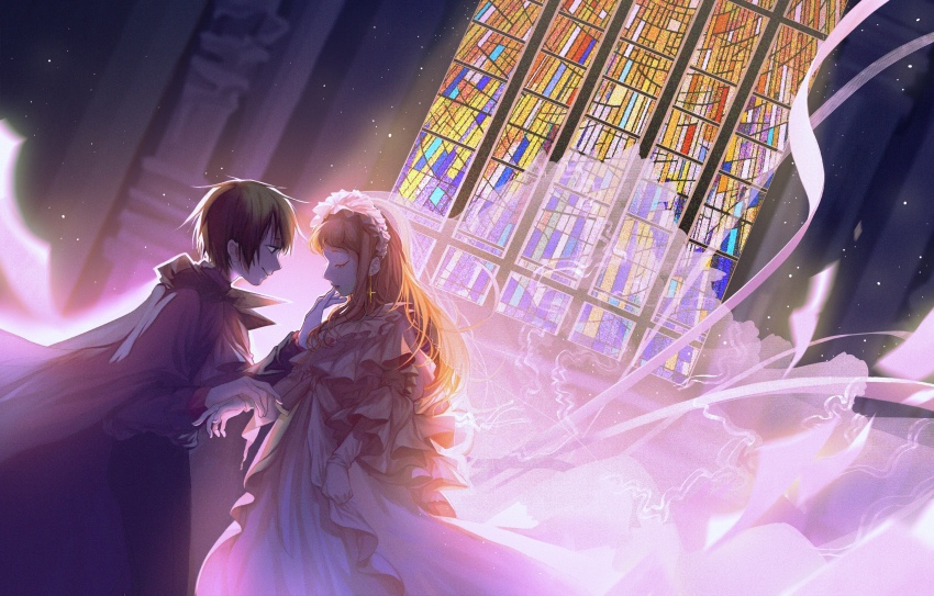 absurdres, age_progression, bridal_veil, church, commentary, dress, earrings, frills