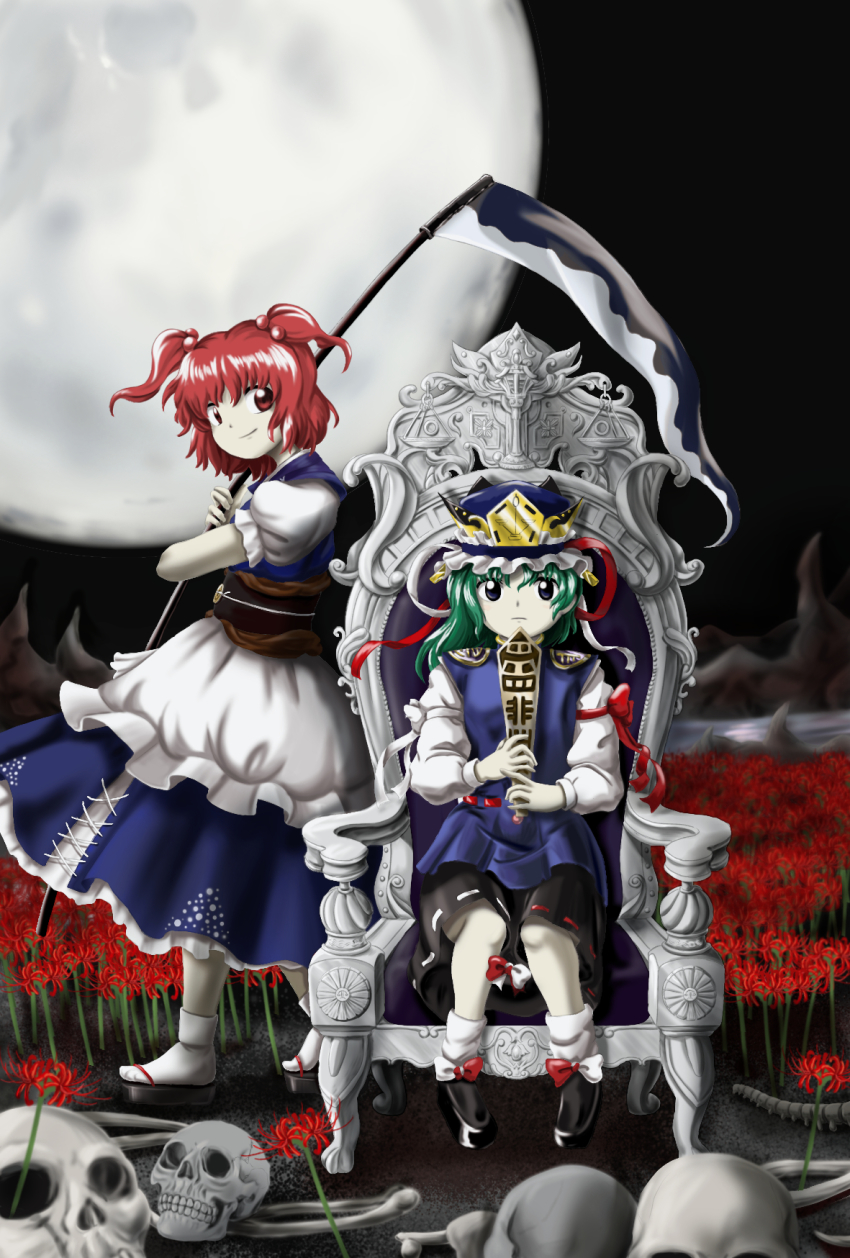 2girls, asymmetrical_hair, black_eyes, black_footwear, black_skirt, blouse, blue_dress, blue_headwear